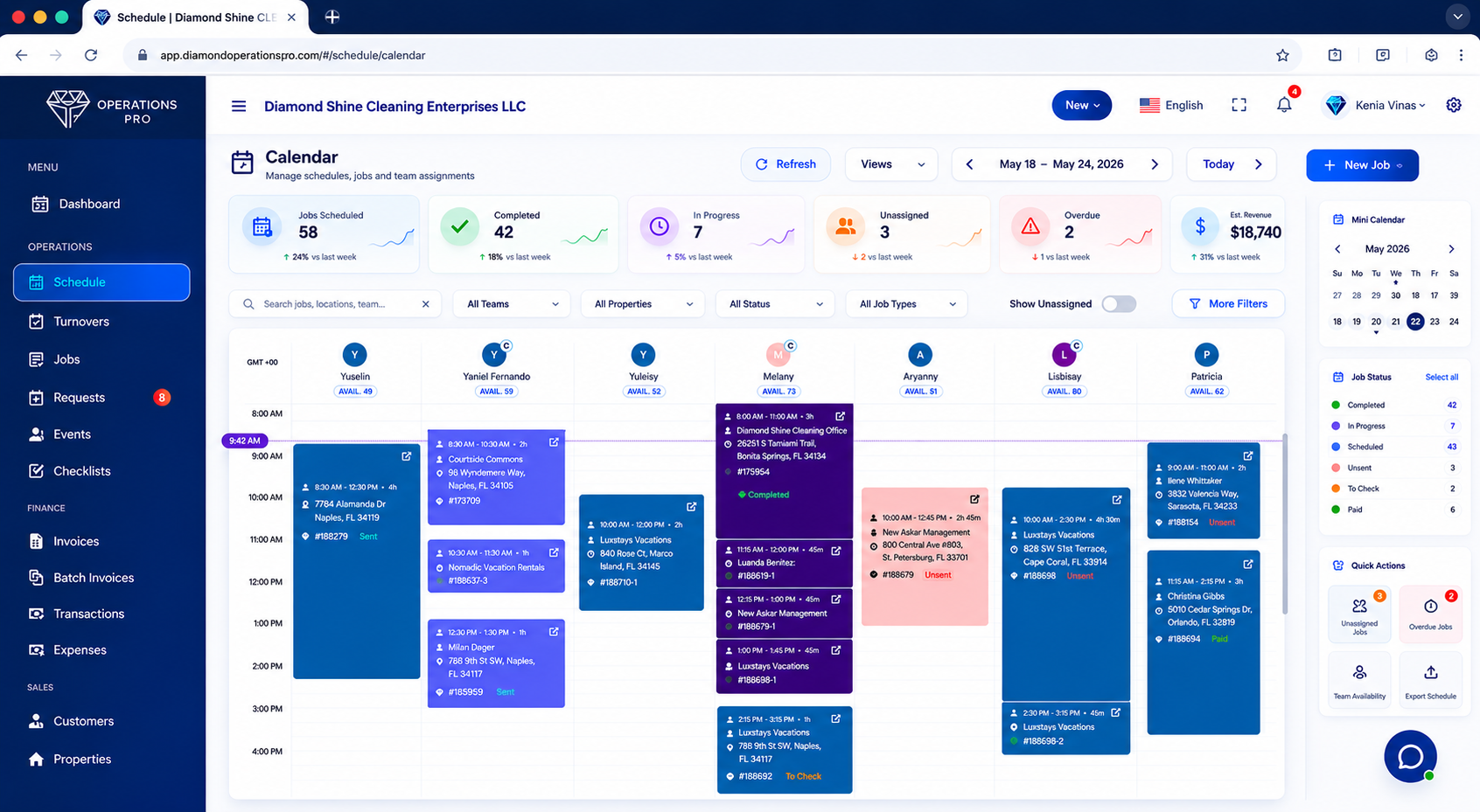 DOP Schedule Calendar showing cleaning jobs, assignments, statuses and daily dispatch visibility